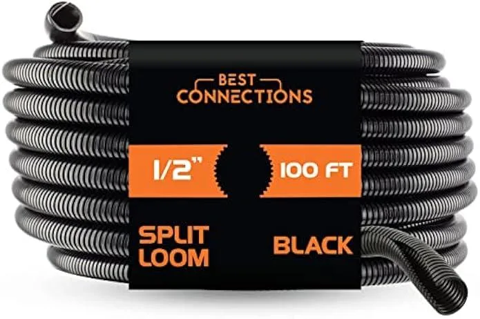 Black corrugated split wire loom tubing, 1/2 inch diameter, 100 feet coiled