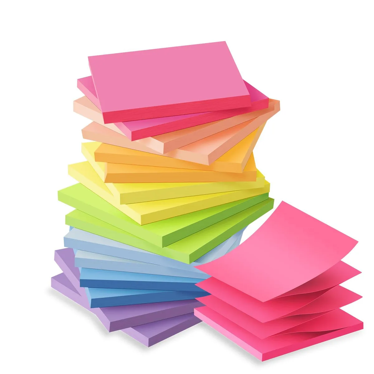 Sixteen square pads of bright pop-up sticky notes in an accordion stack