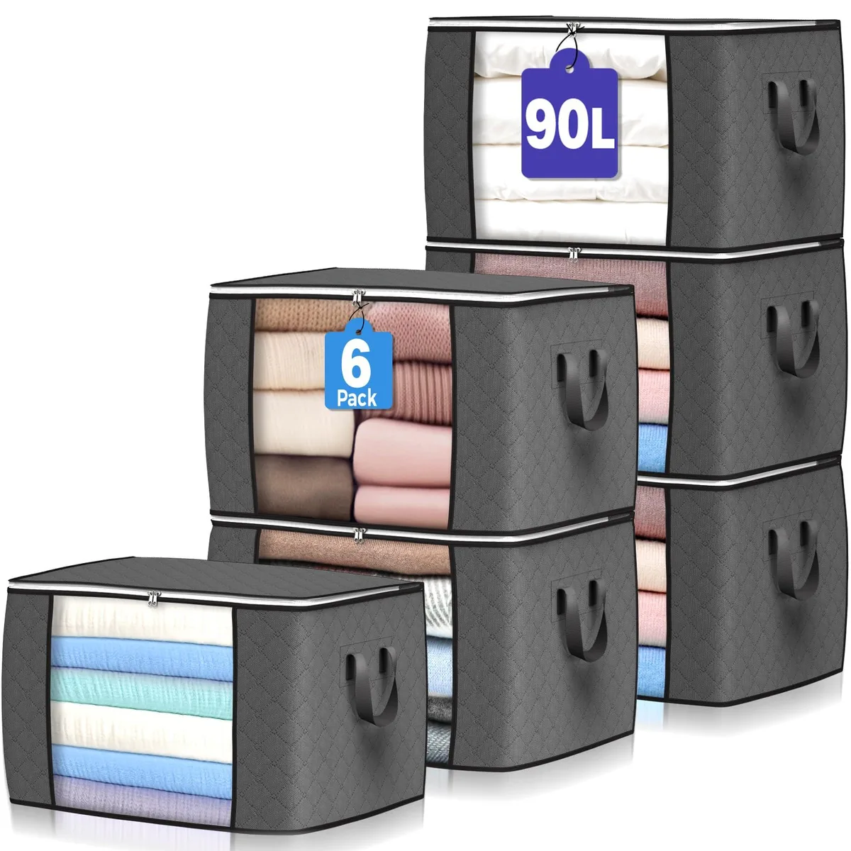 Six folded fabric storage bags with clear front windows and reinforced handles
