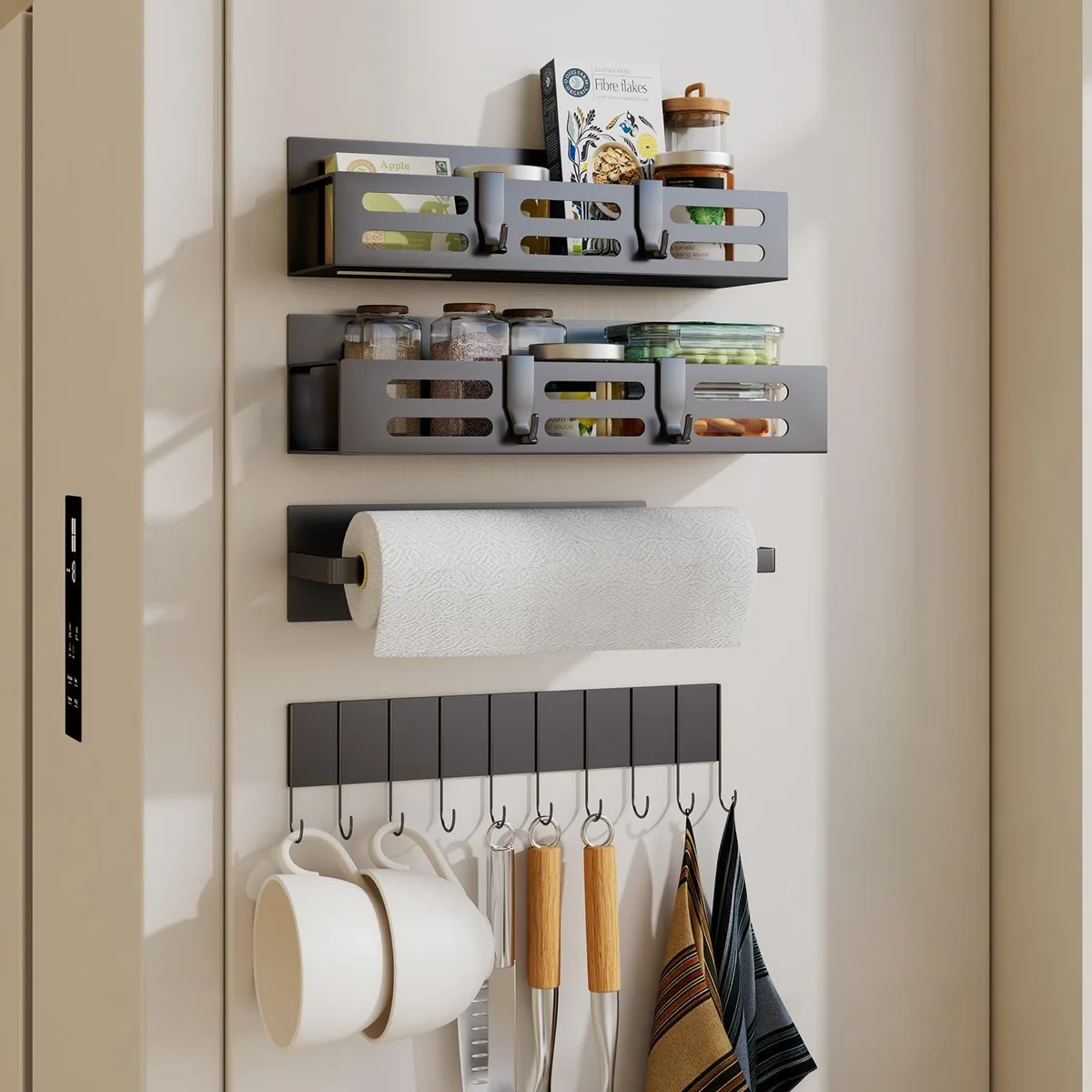 Black magnetic spice rack set on fridge, four shelves with hooks and towel holder