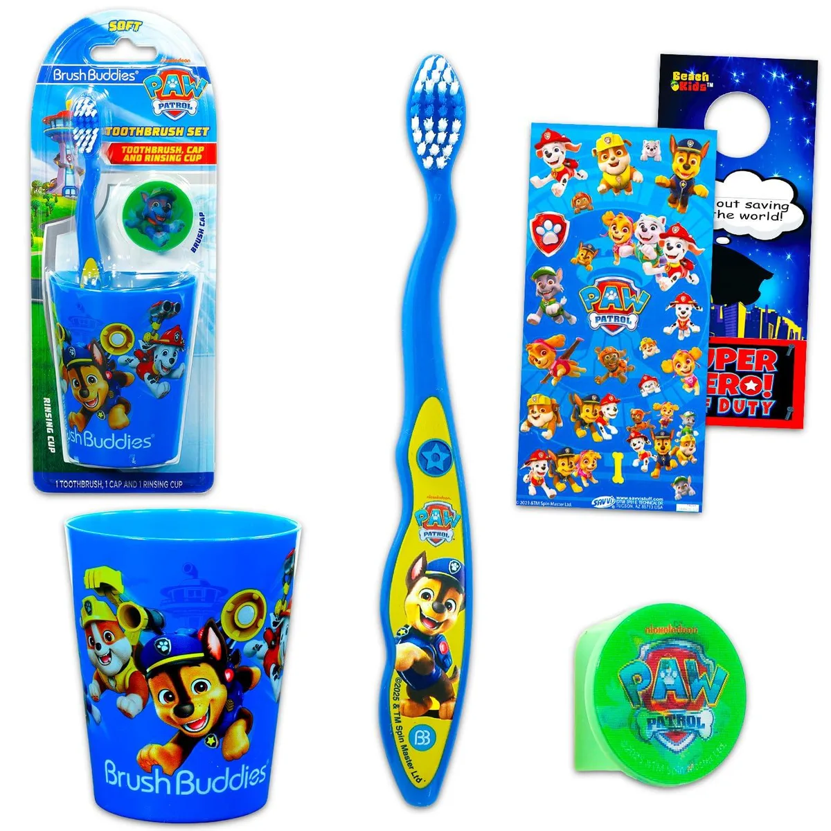 White Paw Patrol manual toothbrush and matching cup with stickers and door hanger