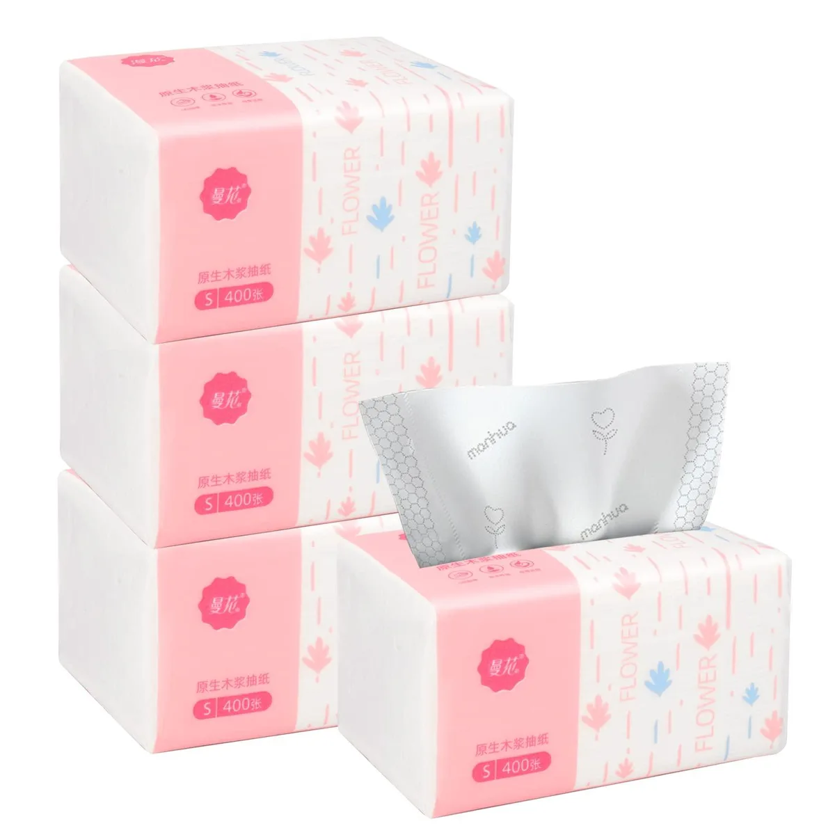 Four pink tissue bags, soft 5-ply wood pulp sheets, compact rectangular packs