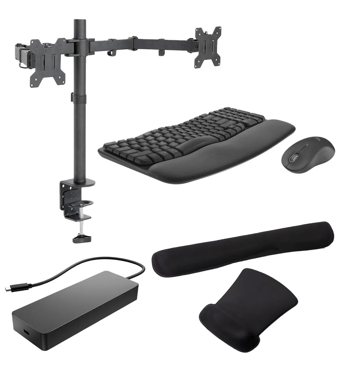 HP HP Universal USB-C Multiport Dock Bundle with MK670 Keyboard, Mouse, Dual Monitor Stand, Gel Wrist Rest — product photo