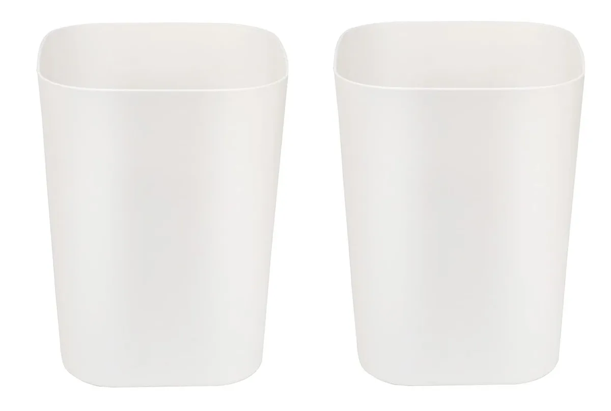 Twelve white square polypropylene bins with rounded corners and open tops