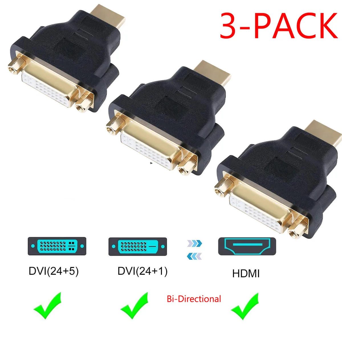 Jansicotek Jansicotek HDMI Male to DVI Female Adapter 1080p Bi-Directional 3 Pack — product photo
