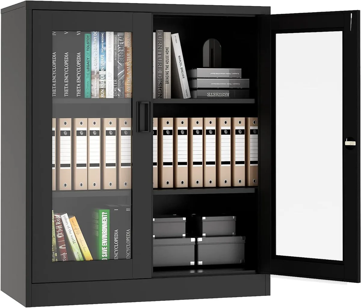 BFKK BFKK 36" Steel Storage Cabinet, Lockable Glass Door, 2 Adjustable Shelves, Black — product photo
