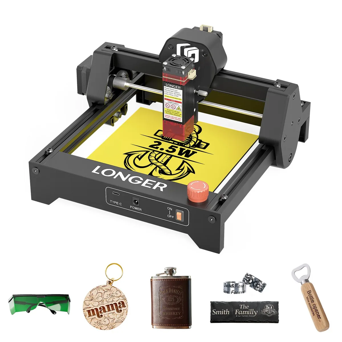 Compact desktop laser engraver with open frame, silver rails and 2.5W laser module