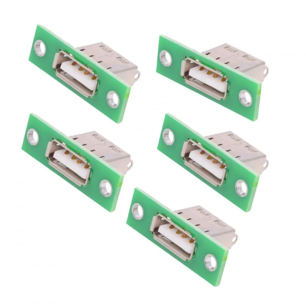 Five green USB Type-A female panel-mount connectors with solder terminals