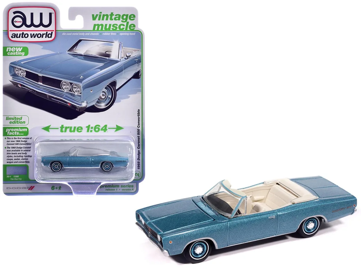 auto world Auto World 1968 Dodge Coronet 500 Convertible 1/64 Pale Blue Metallic White Interior — product photo