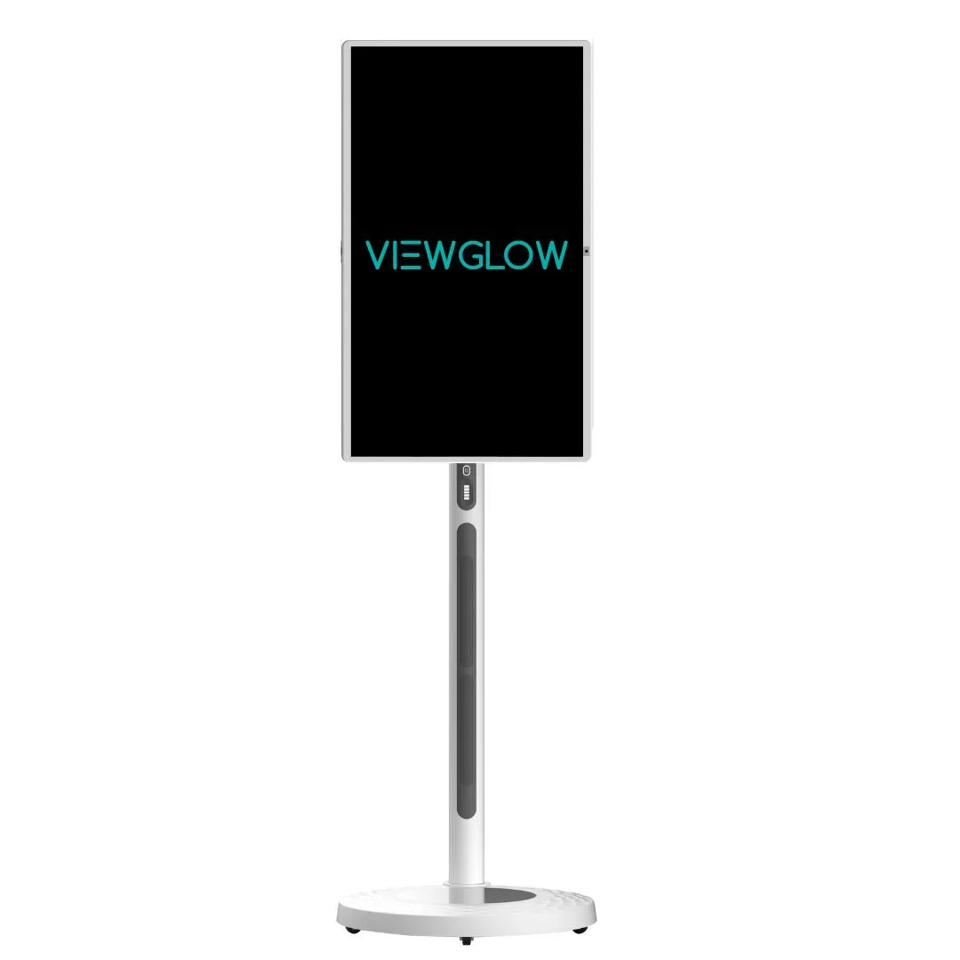 Large 32-inch rollable touchscreen on wheeled stand with adjustable height tilt