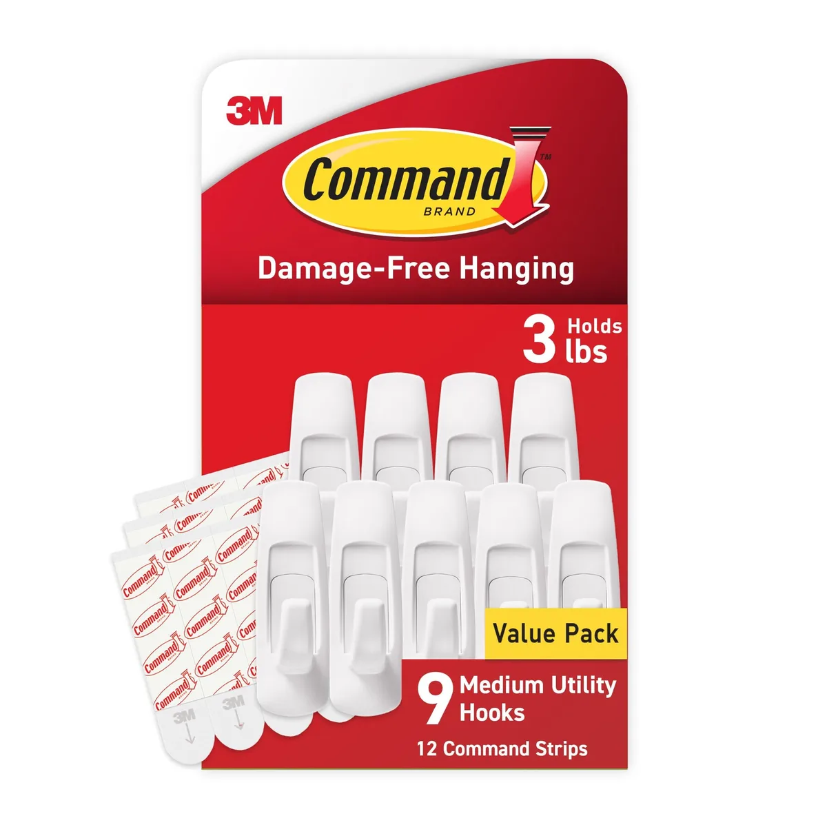 Nine white plastic hooks with twelve adhesive strips on a backing card