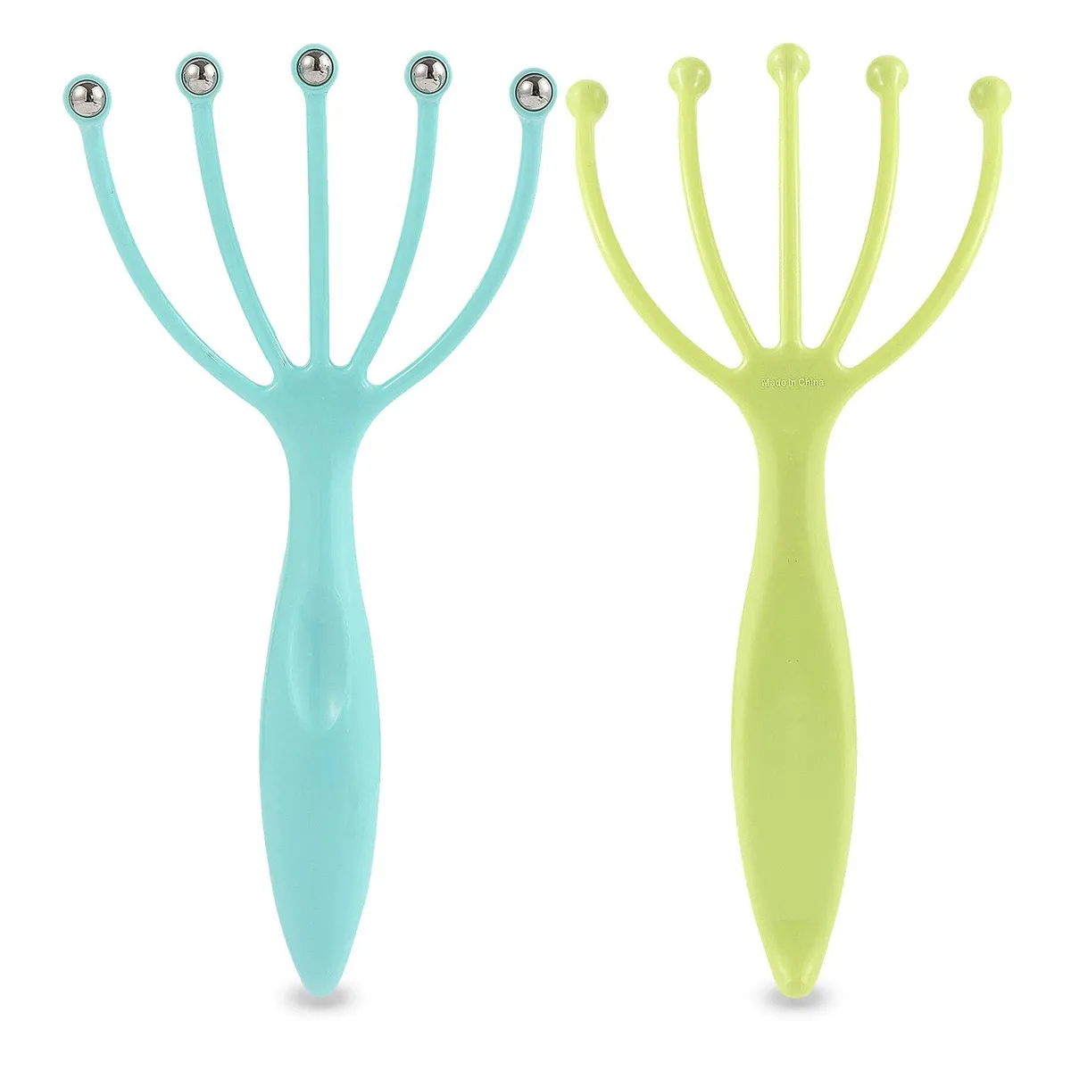 Two small handheld scalp massagers, one blue and one grass green