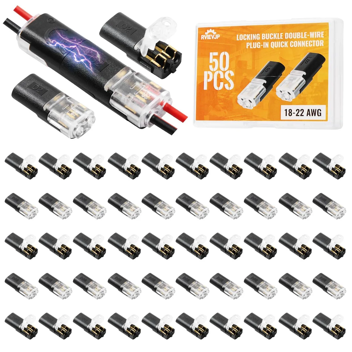 Black plastic wire cap connectors with lever locks, 50 pieces in a pile