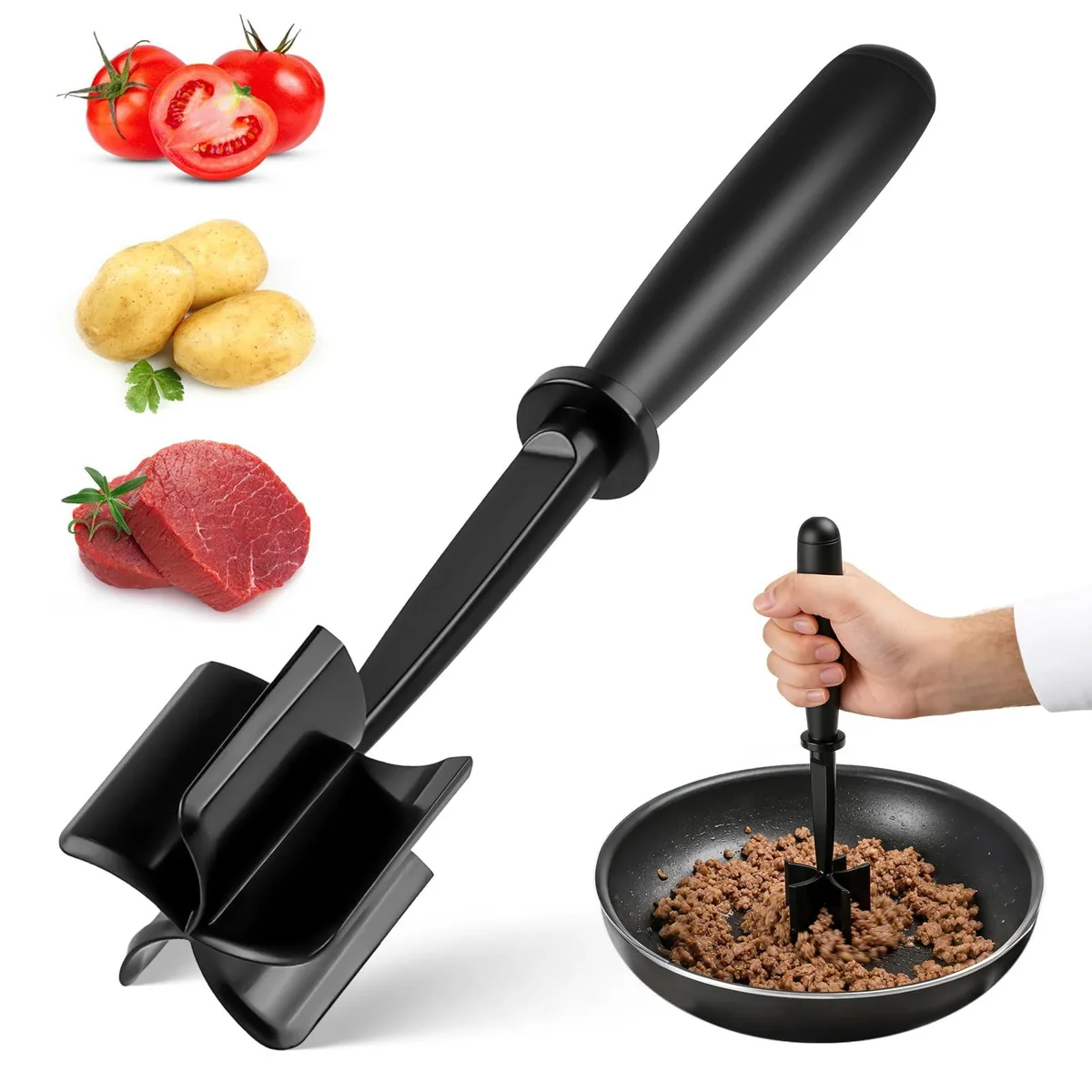 Black nylon meat chopper with five curved blades and ergonomic handle