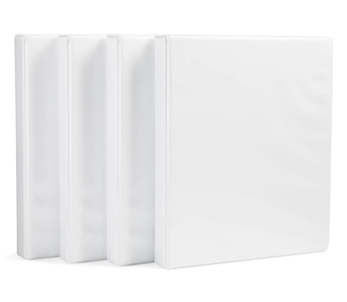 Four white 1-inch 3-ring binders with clear overlay fronts and interior pockets