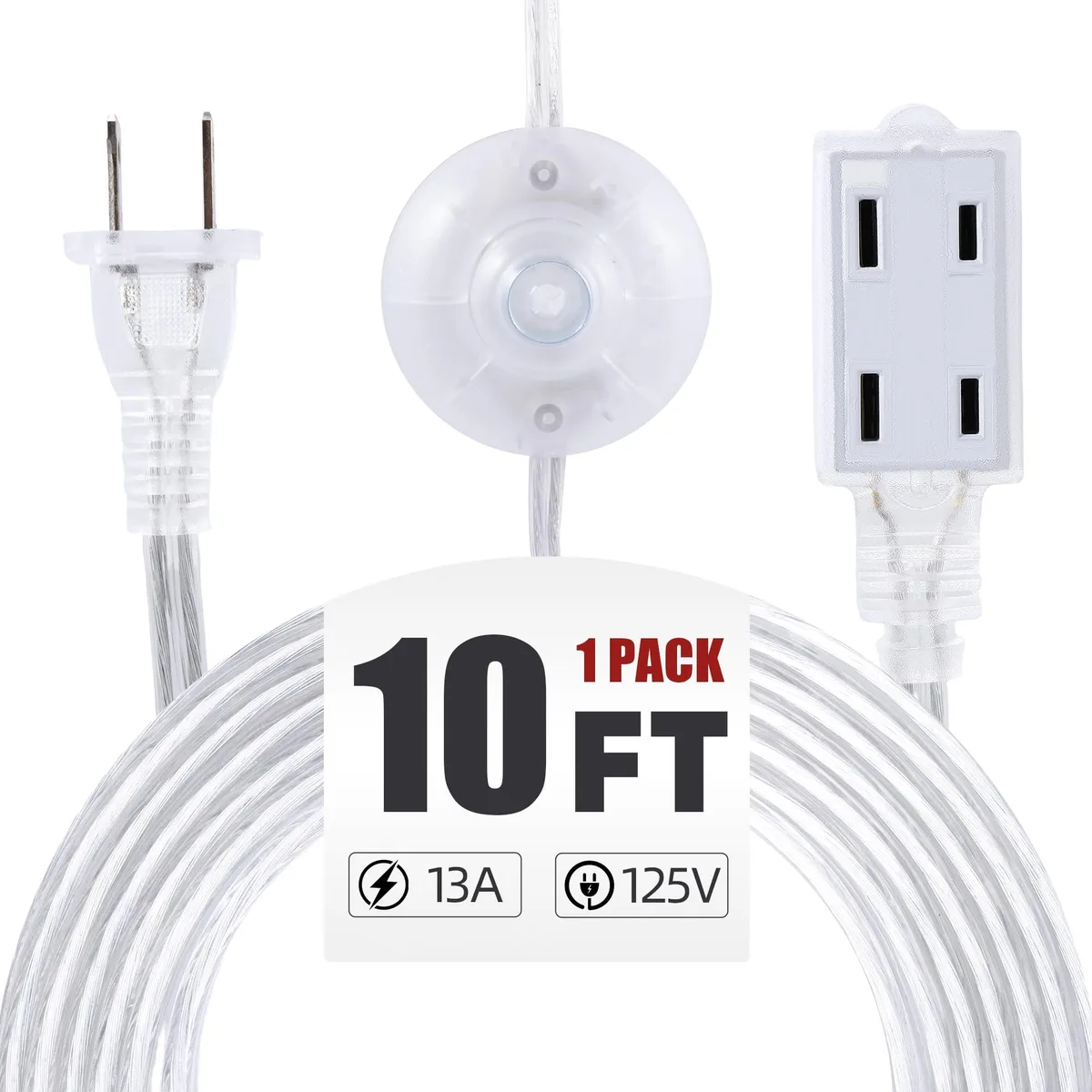  NFAMRZCAR Clear Extension Cord with Foot Switch 3 Outlet 10FT 13A 125V 16AWG — product photo