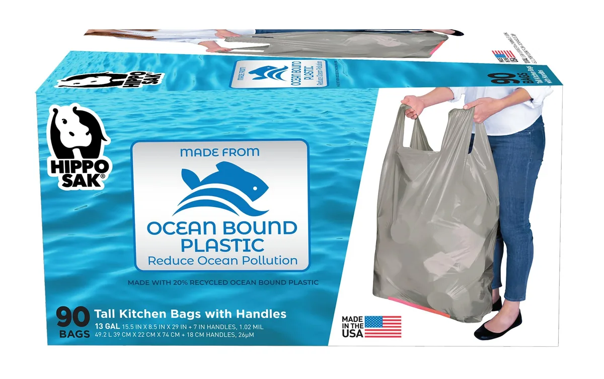 Silver duffel bag made from recycled ocean plastic, 90 count, 13 gallon capacity