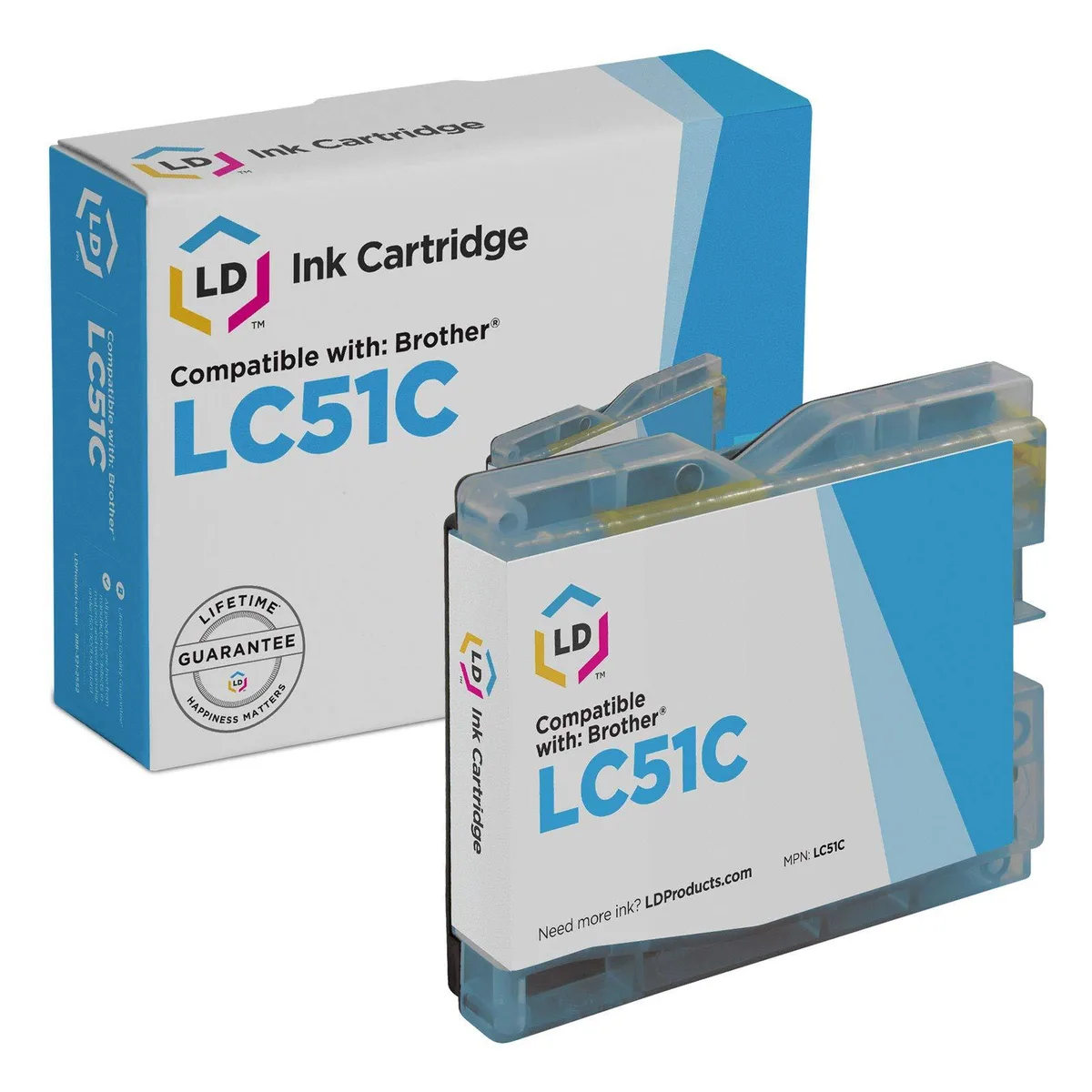 A single cyan ink cartridge in a rectangular plastic shell with a label and chip contact visible
