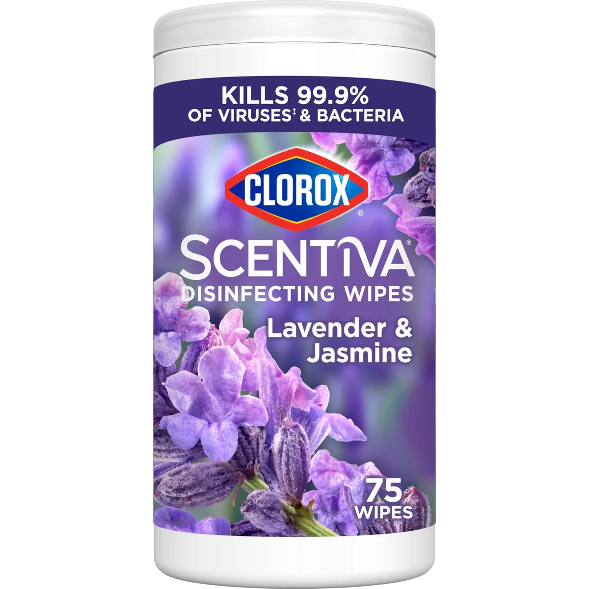 Cylindrical white canister of 75 scented disinfecting wipes