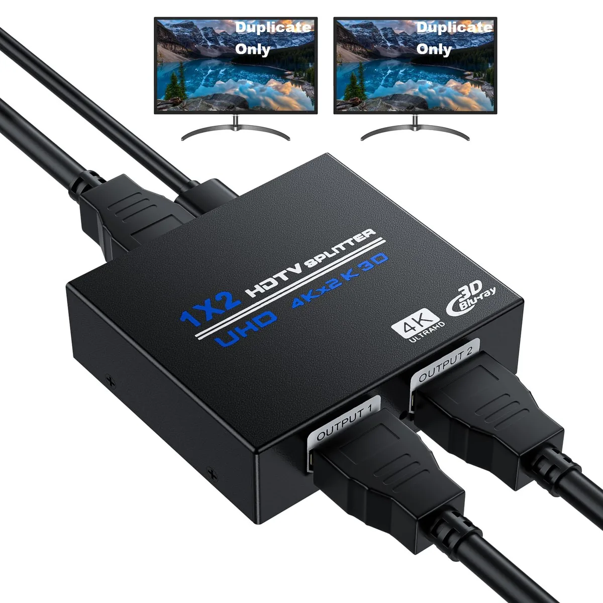 Small black HDMI splitter box with ports and power cable