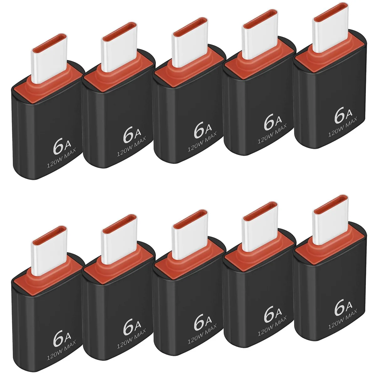 Ten black USB-C male to USB-A female adapters, compact aluminium alloy bodies with anodised finish