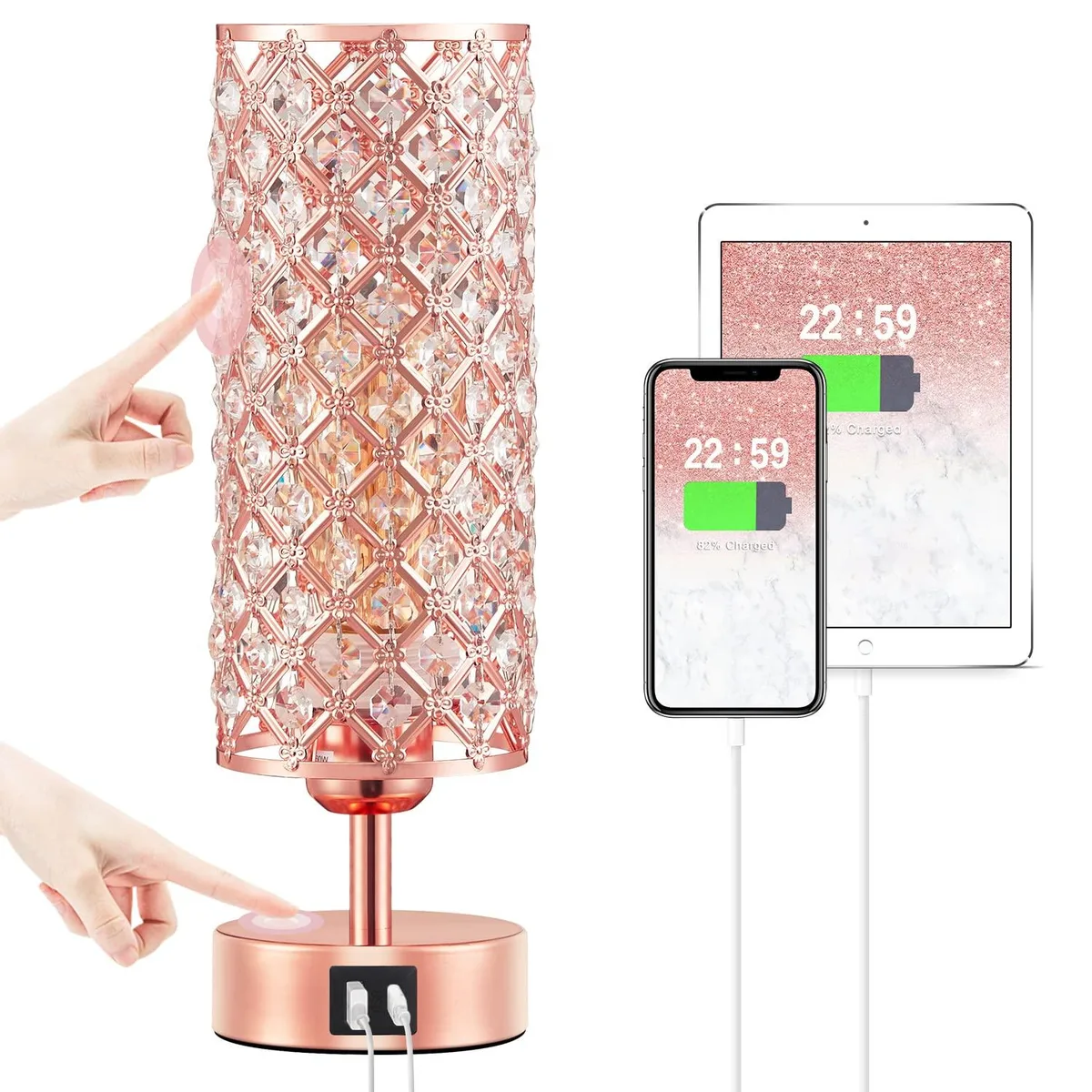 DNBeffulgent DNBeffulgent Pink Crystal Table Lamp Rose Gold Touch USB-C+A 13.4in 60W E26 — product photo