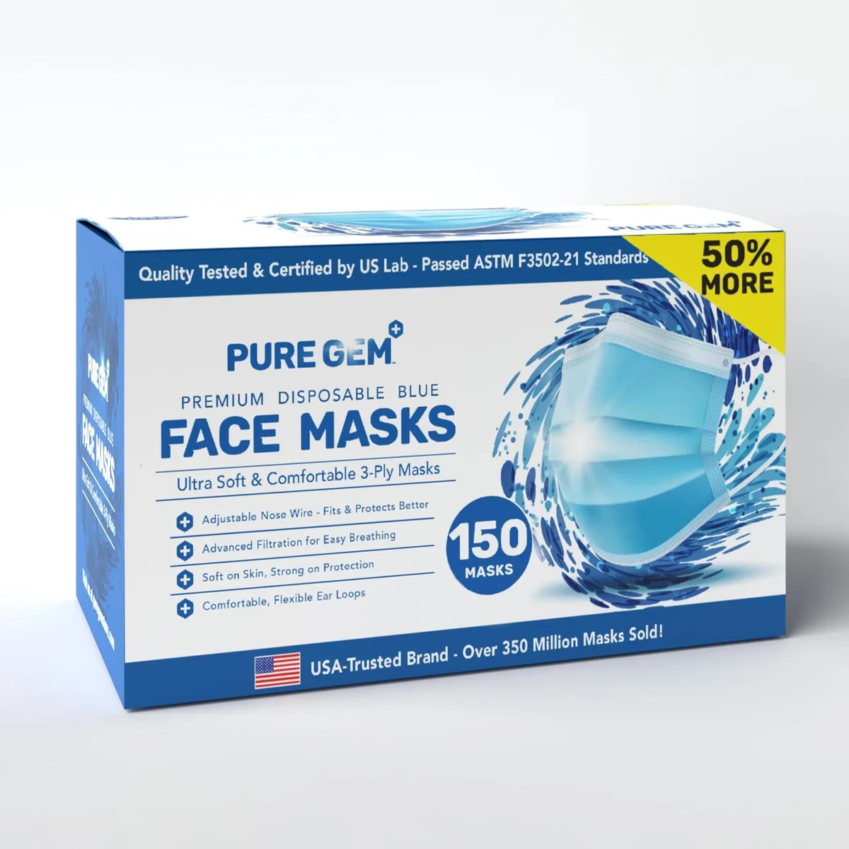 PURE GEM Single Use Disposable Face Mask 150-Pack Blue 3-Ply — product photo