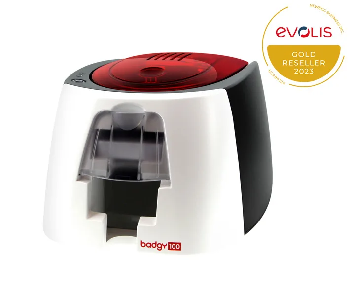 Compact white plastic card printer with front card slot and top output tray