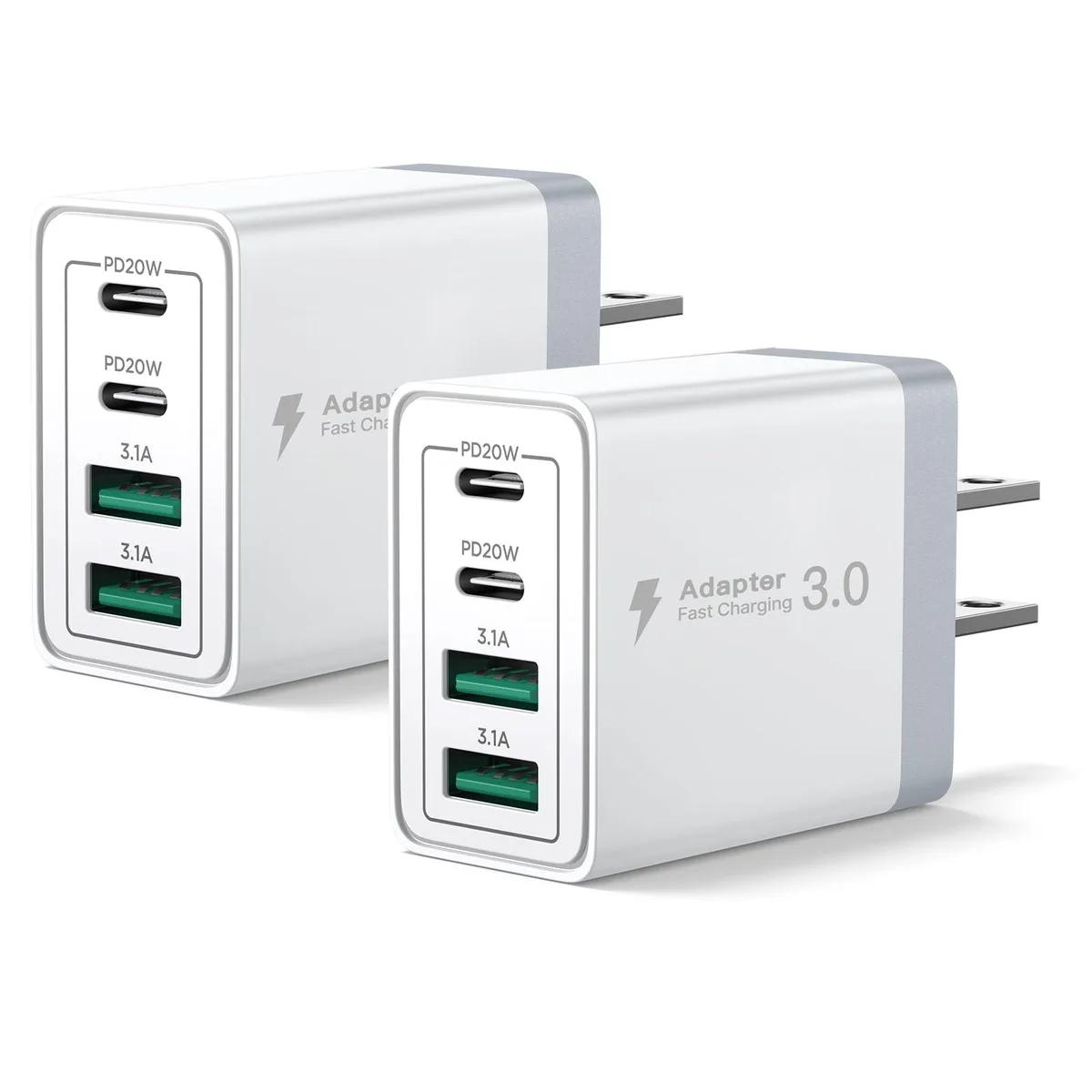 Two compact white wall chargers each with four USB ports side by side