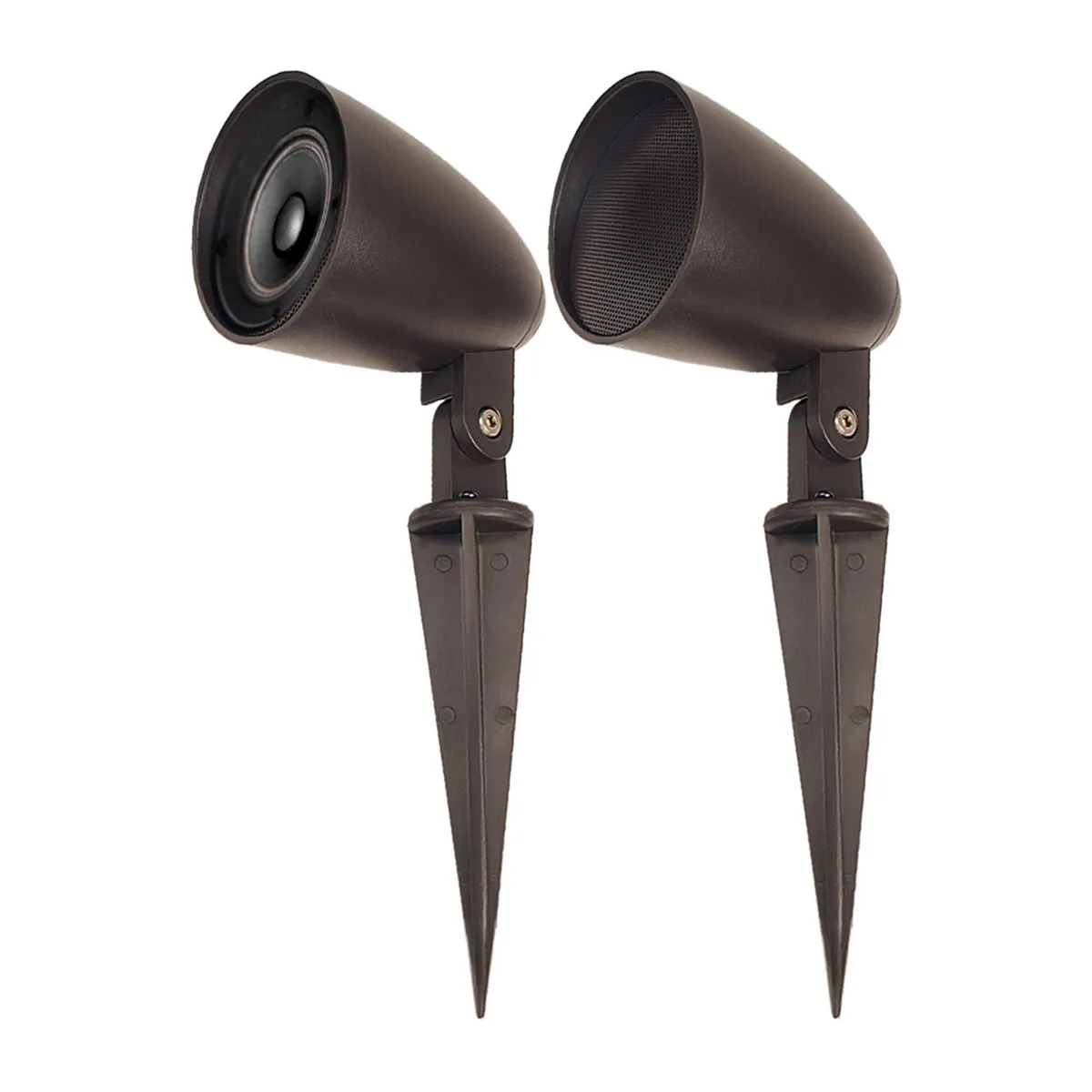 Pair of bronze outdoor landscape speakers with stakes on grass