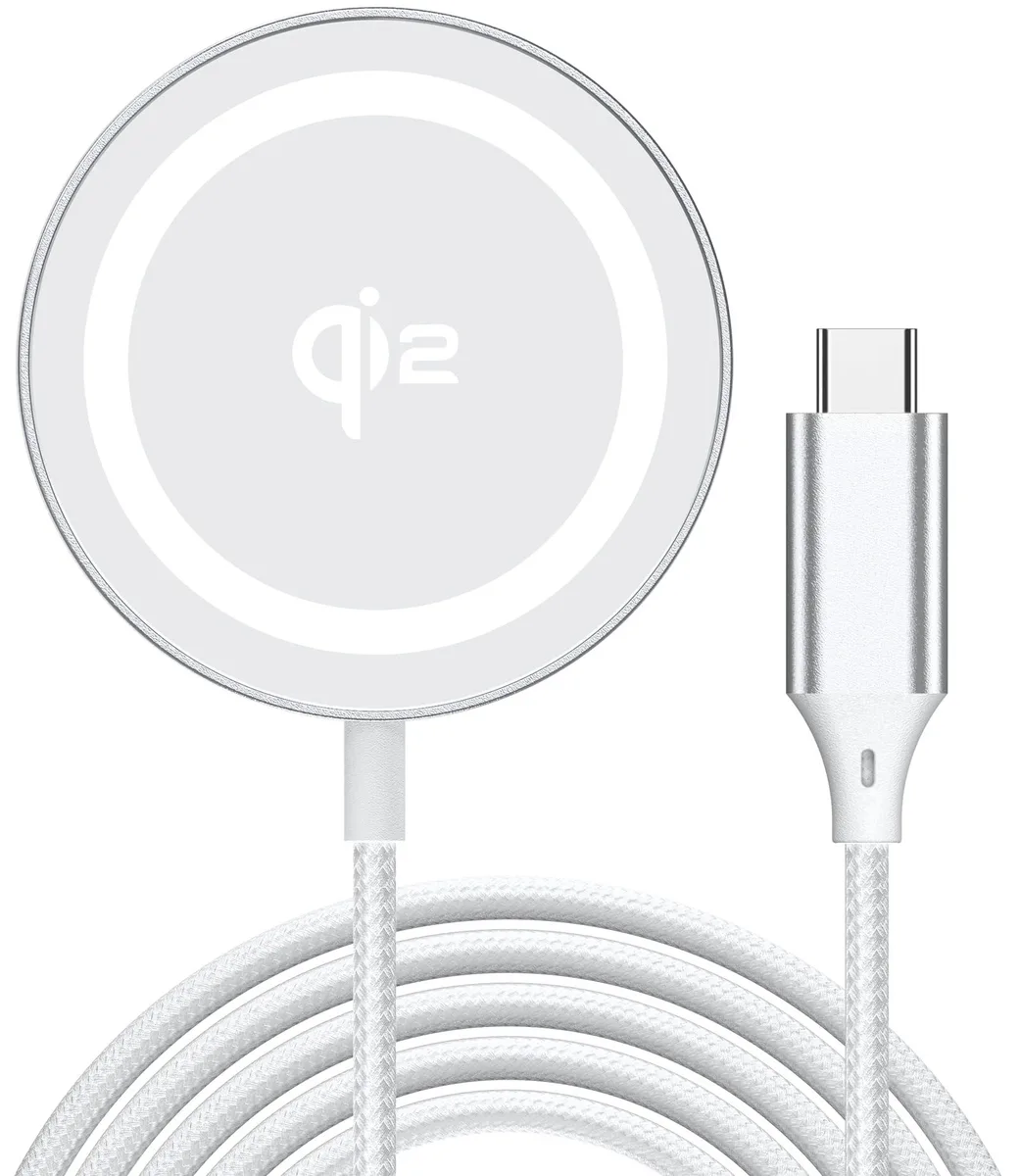 Silver Qi2 wireless charging pad with braided 4ft cable