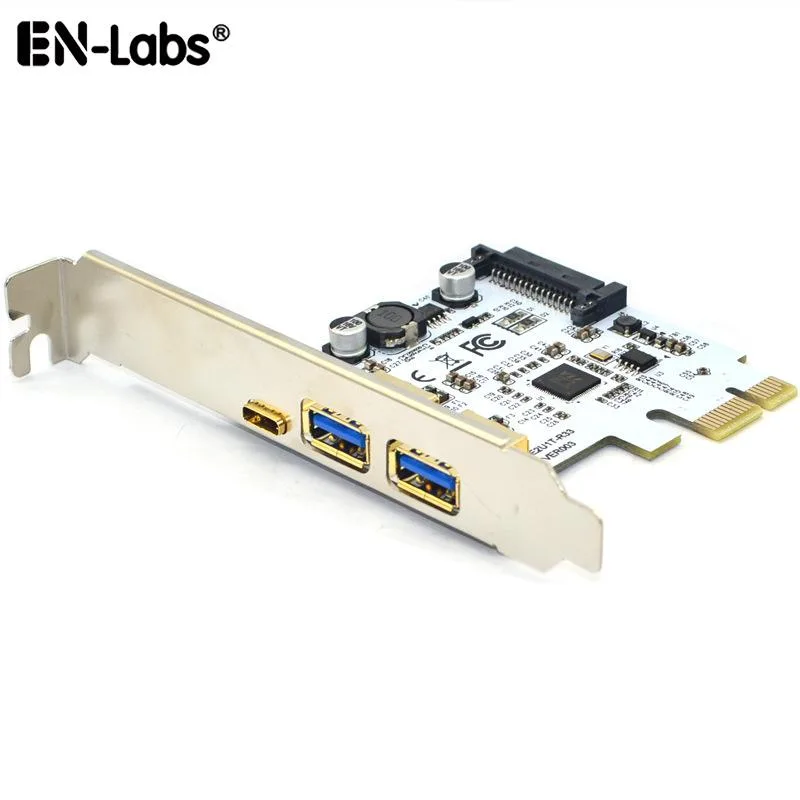 EN-Labs EN-Labs PCIEU35GA2CS expansion card, PCIe 1x to 1 USB-C and 2 USB-A 3.0 5Gbps, SATA power — product photo