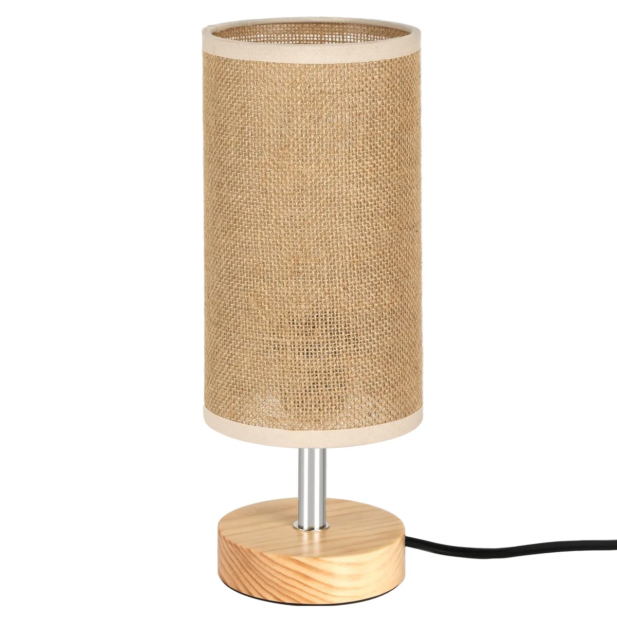 Brown table lamp with linen shade and wood base, 13 inches tall