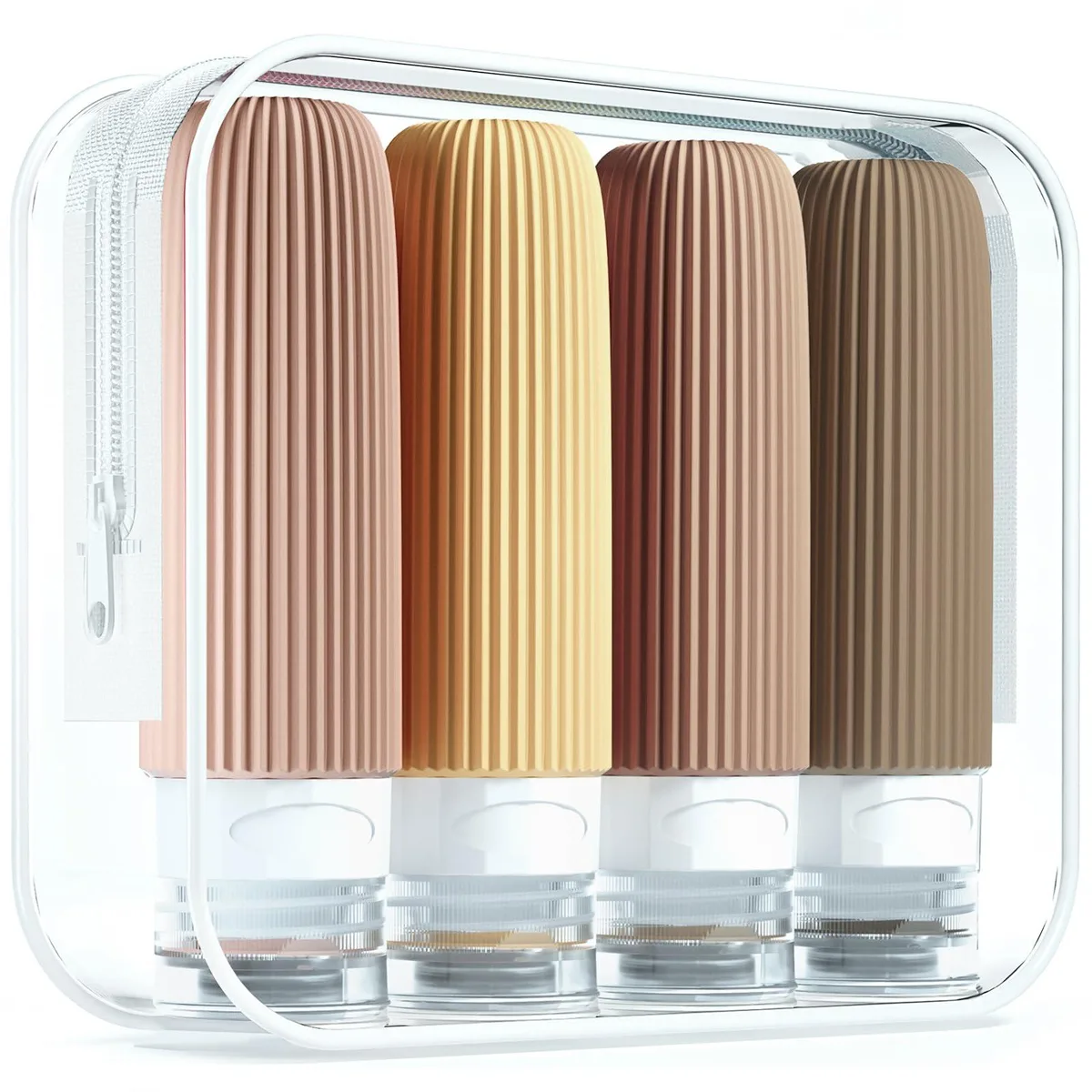 Four apricot silicone travel bottles in a clear zip bag