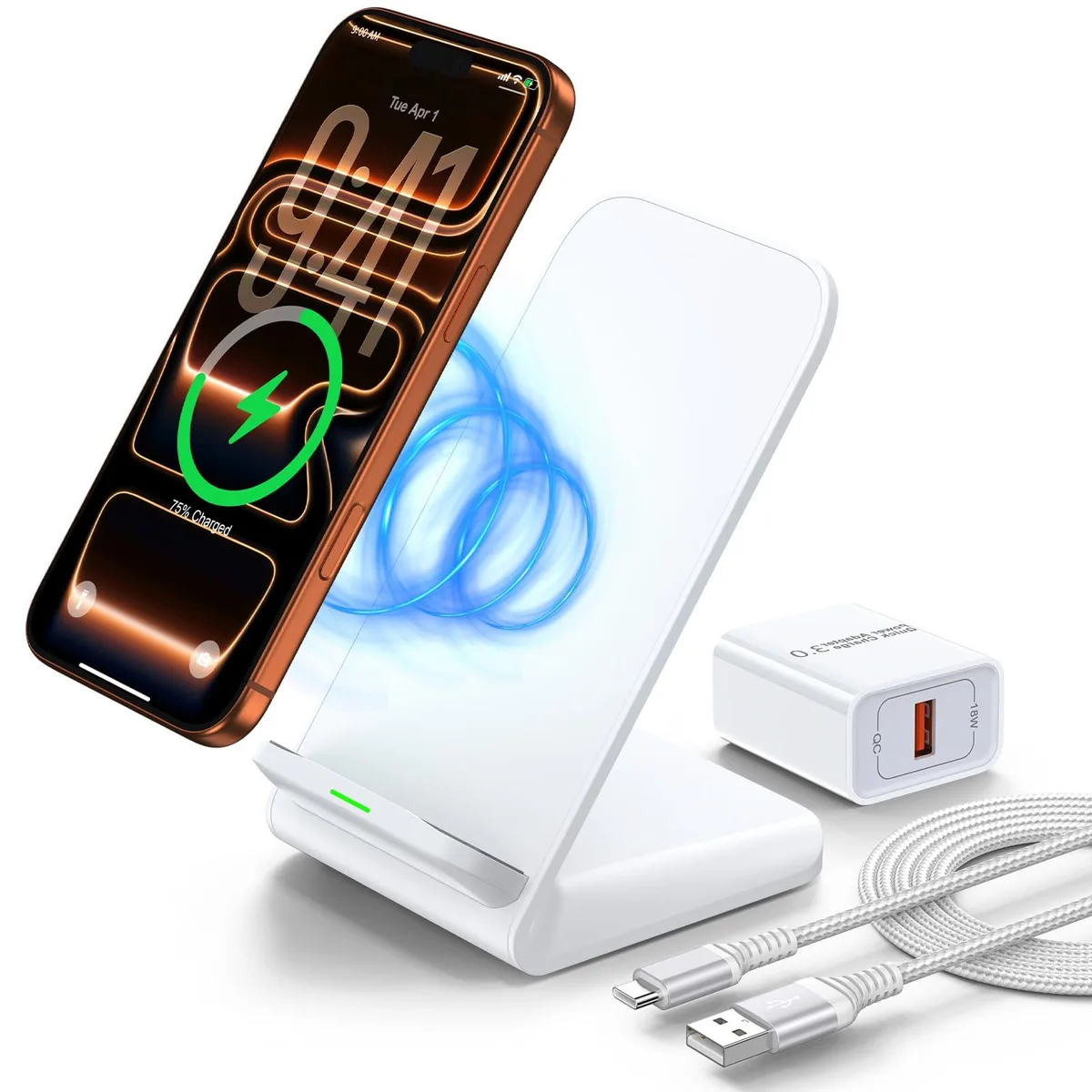 White upright wireless charger stand with USB-A adapter and braided cable