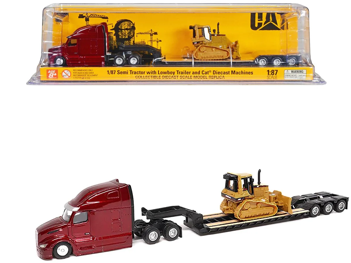 DieCast Masters DieCast Masters Peterbilt 579 UltraLoft Red Metallic w/ CAT D5M Dozer Yellow 1/87 hobby collectible — product photo