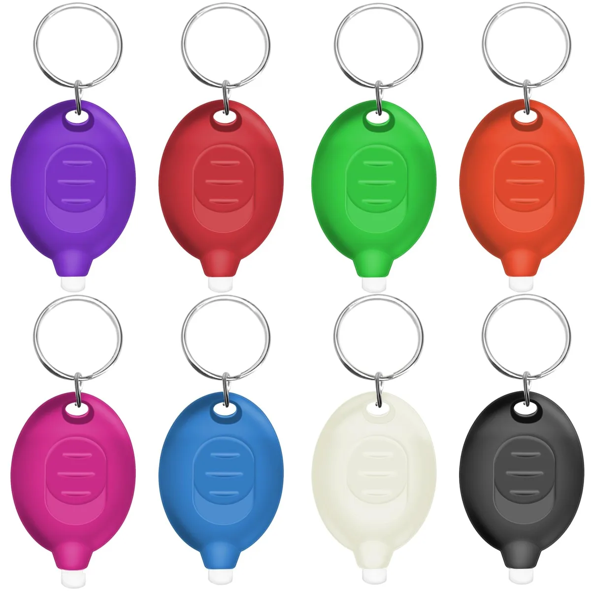 Eight tiny bullet-shaped flashlights on a split ring, multicoloured plastic bodies with slide switches