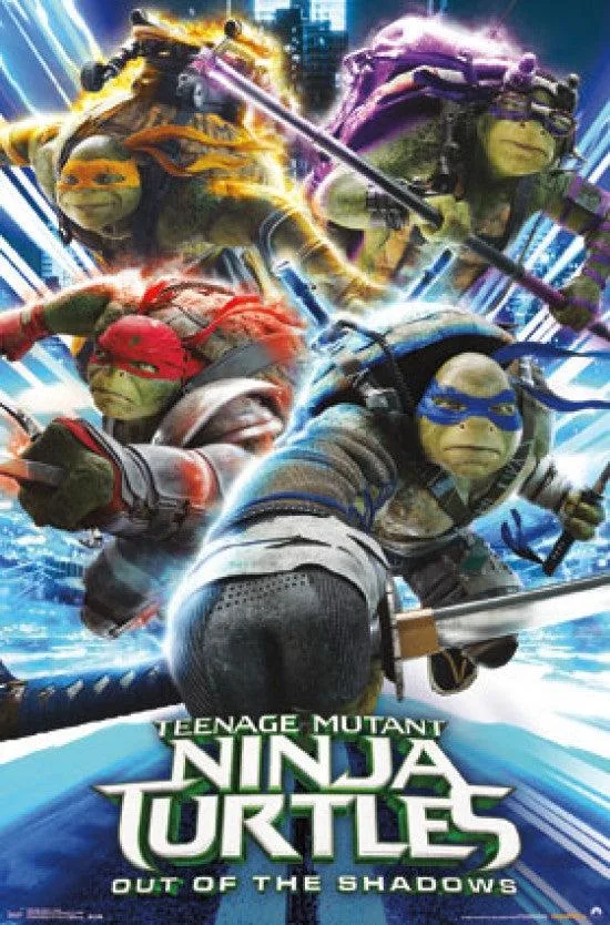 Glossy rectangular poster, 22 by 34 inches, Ninja Turtles attack scene, ships rolled