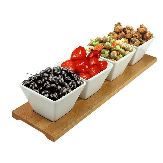 Elama EL-232 modern 5-piece appetizer and condiment server with four serving dishes on bamboo tray