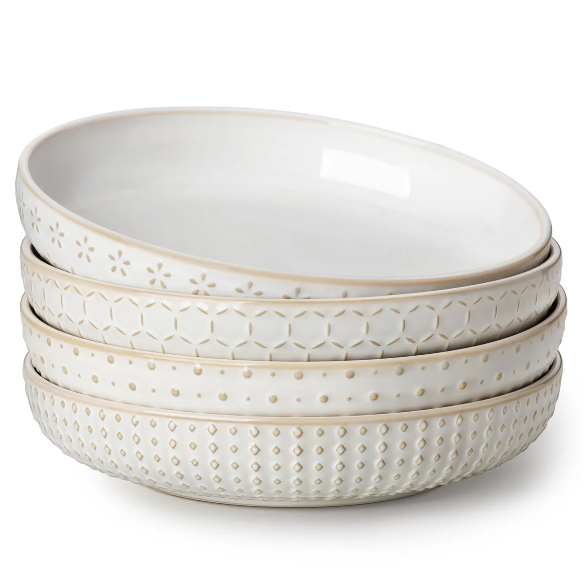 Set of twelve brown and red ceramic bowls with embossed relief design, wide shallow shape