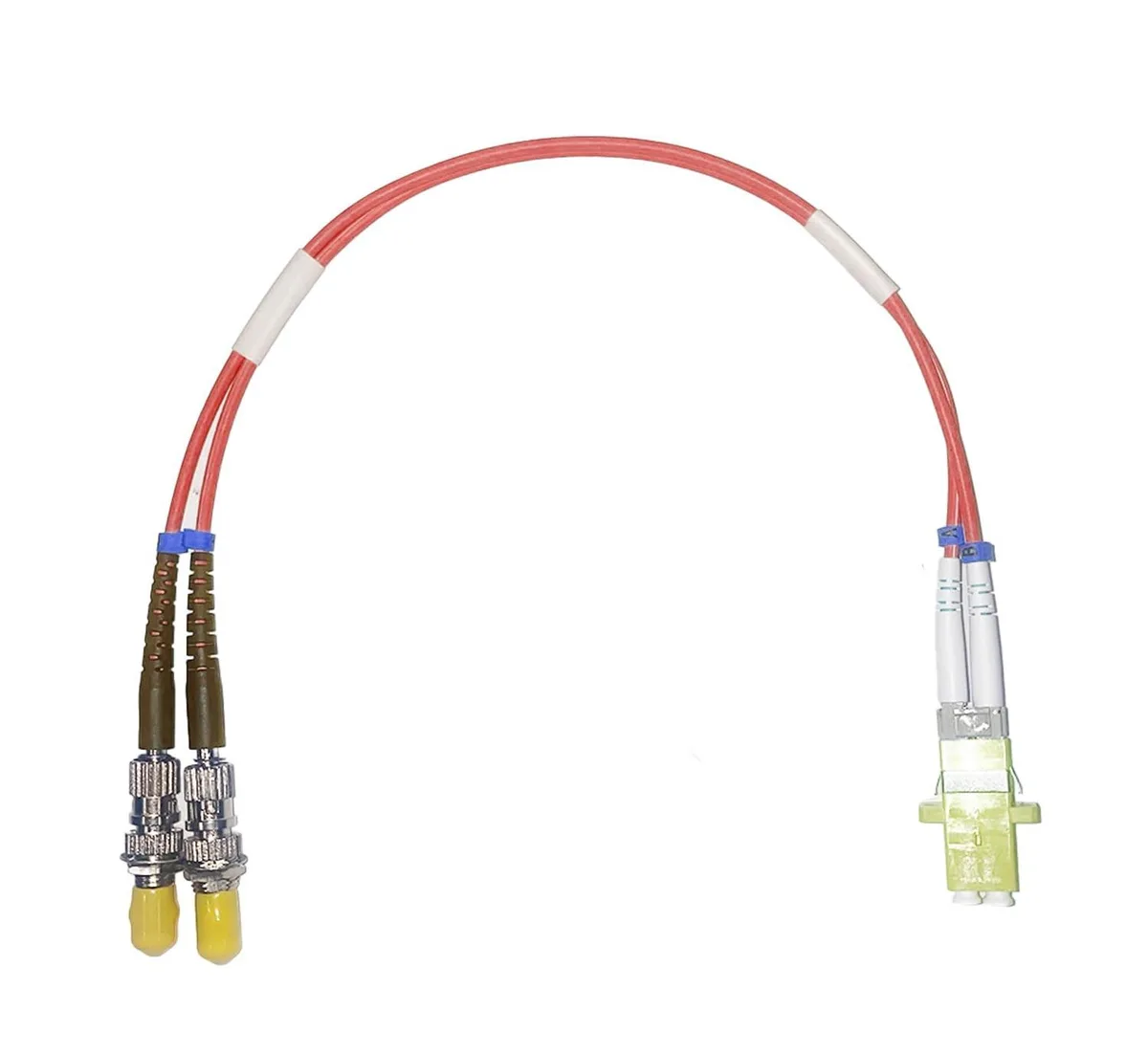 Short yellow duplex fiber patch cord with SC, ST and LC hybrid connectors