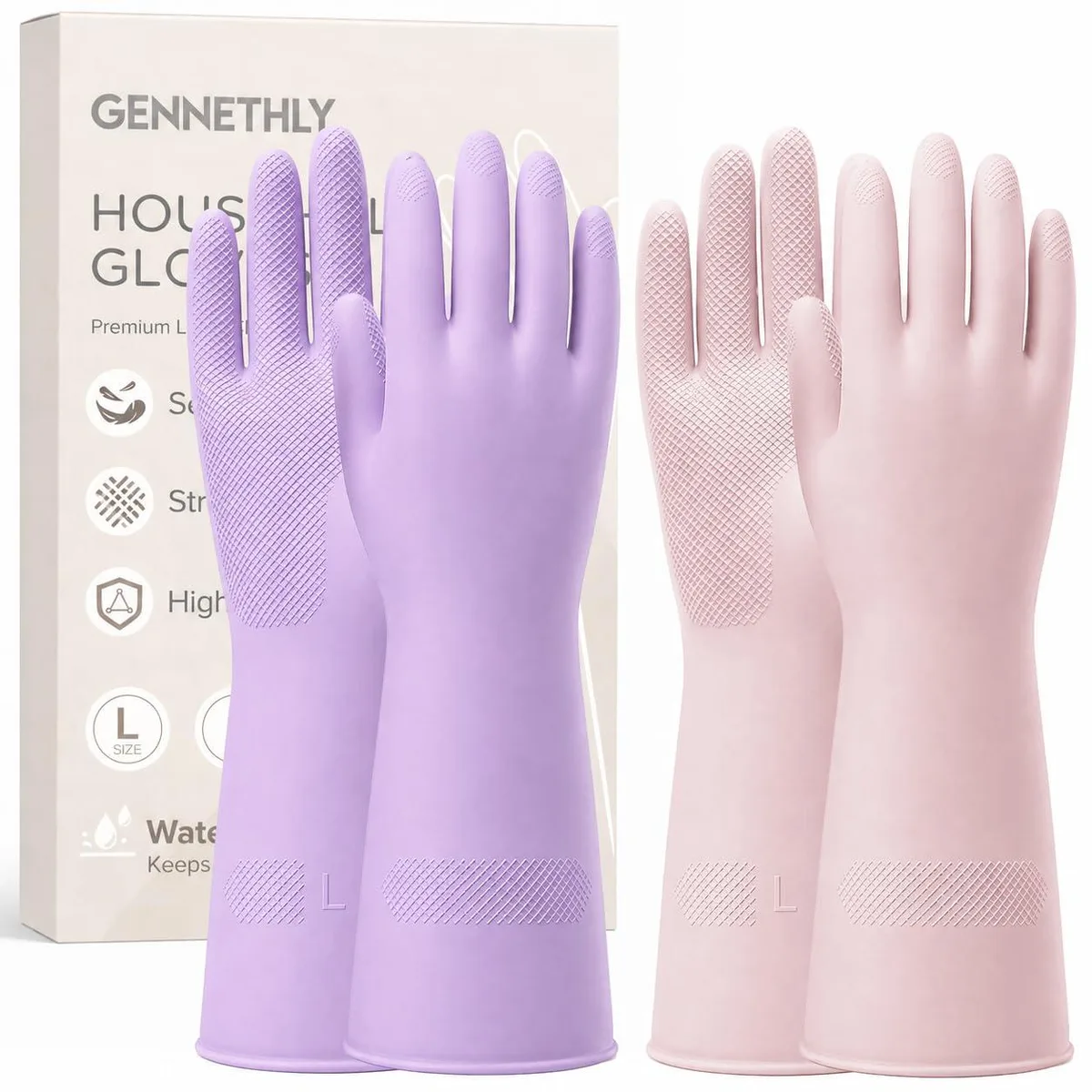  Gennethly Waterproof Plant Based Dishwashing Gloves Purple Medium 2 Pairs — product photo