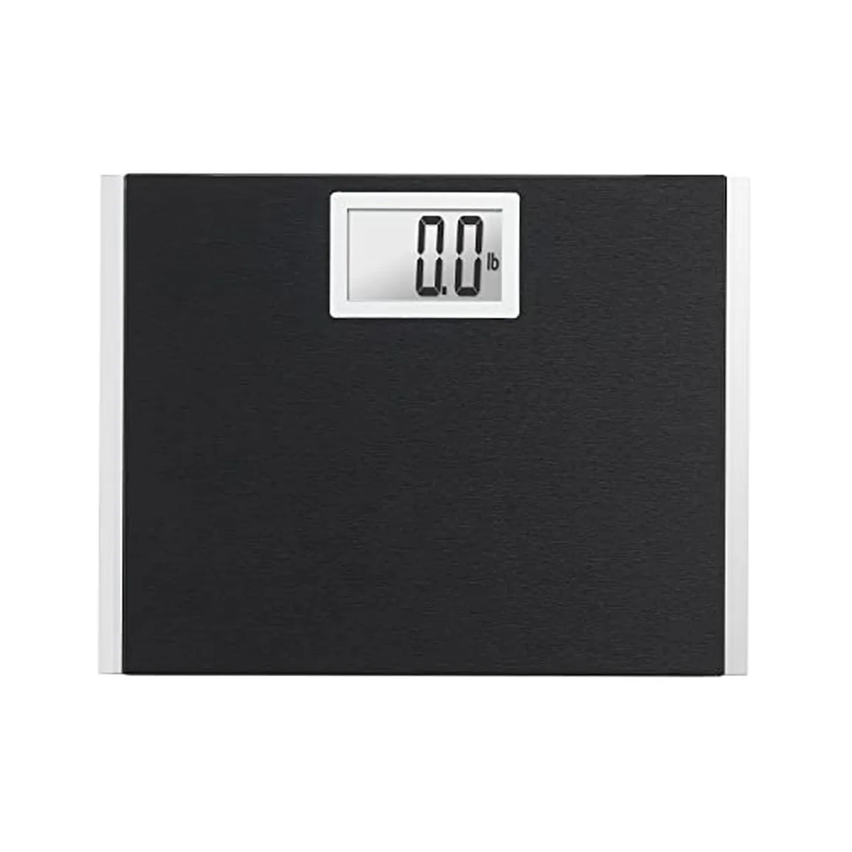 Black digital bathroom scale with 12.1 inch square tempered glass platform and 3.75 by 2.25 inch blue backlit display