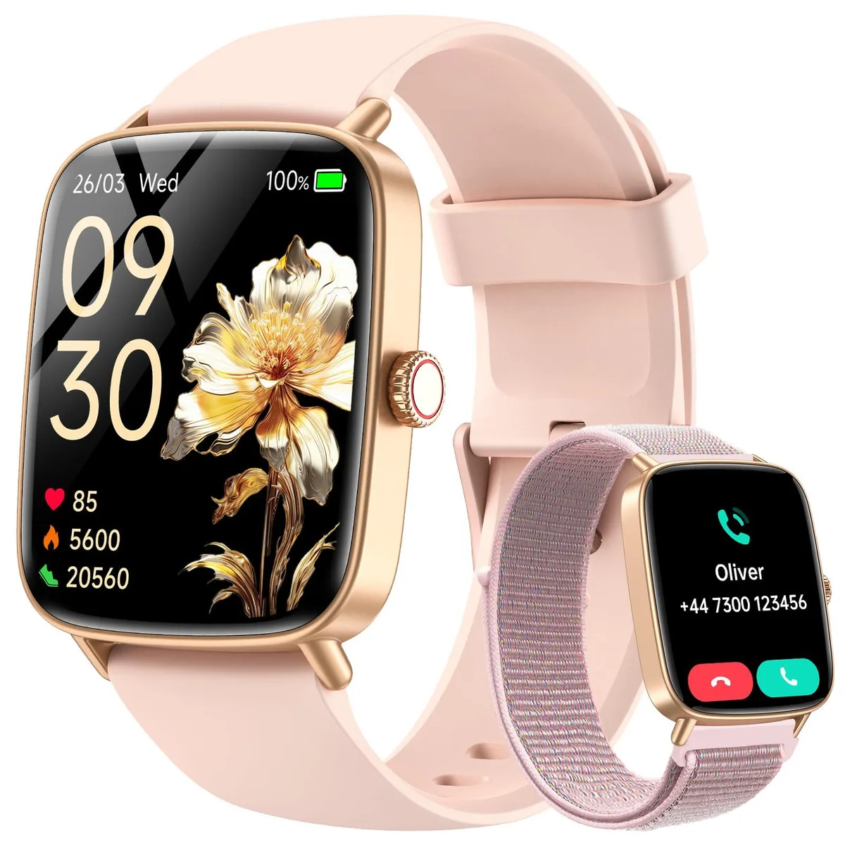 Pink smartwatch with 1.85 inch display and two woven nylon bands