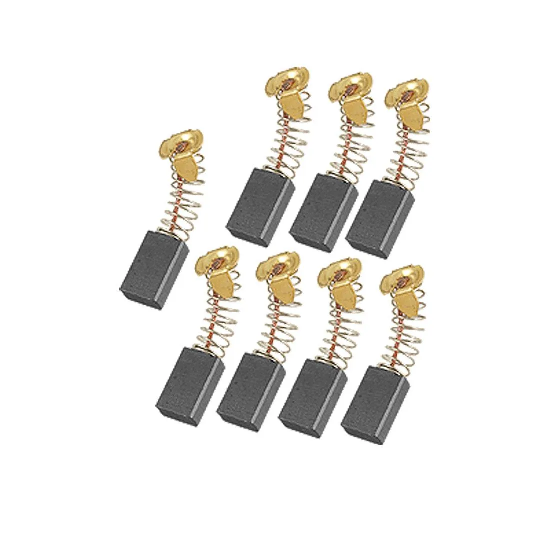 Eight rectangular black carbon blocks with gold metal springs and connectors on a light background