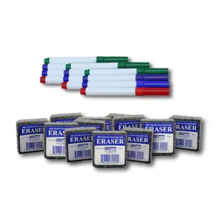A clear box holding twelve small felt erasers and twelve fine-point dry-erase markers in red, blue, green and purple
