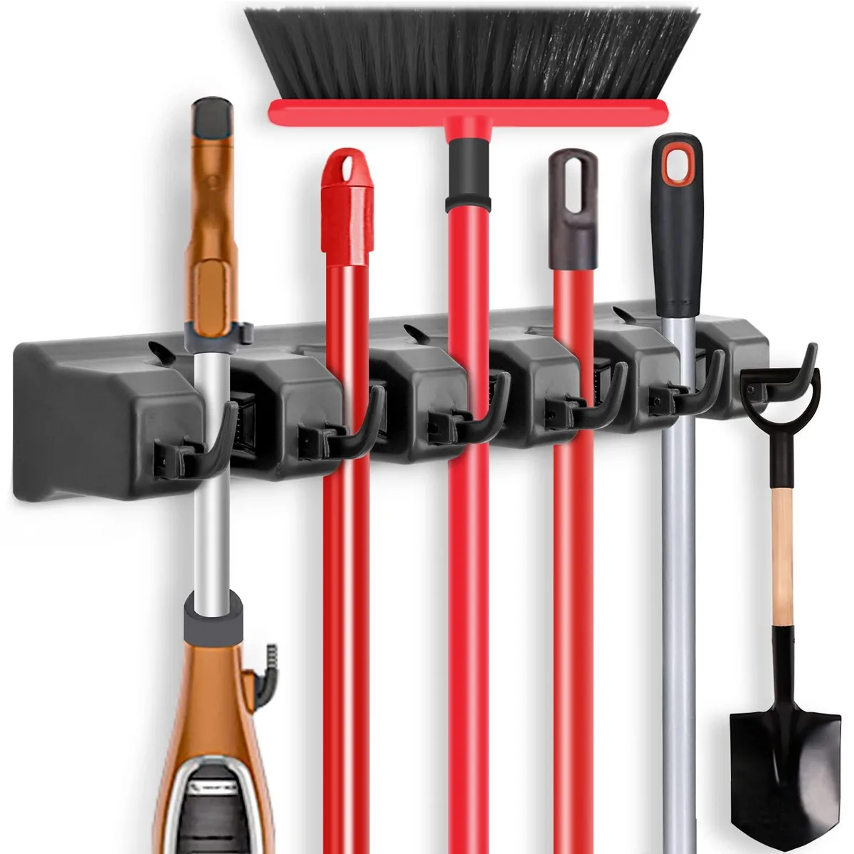 Black plastic wall-mounted organizer with five spring-loaded ball slots and six foldable hooks