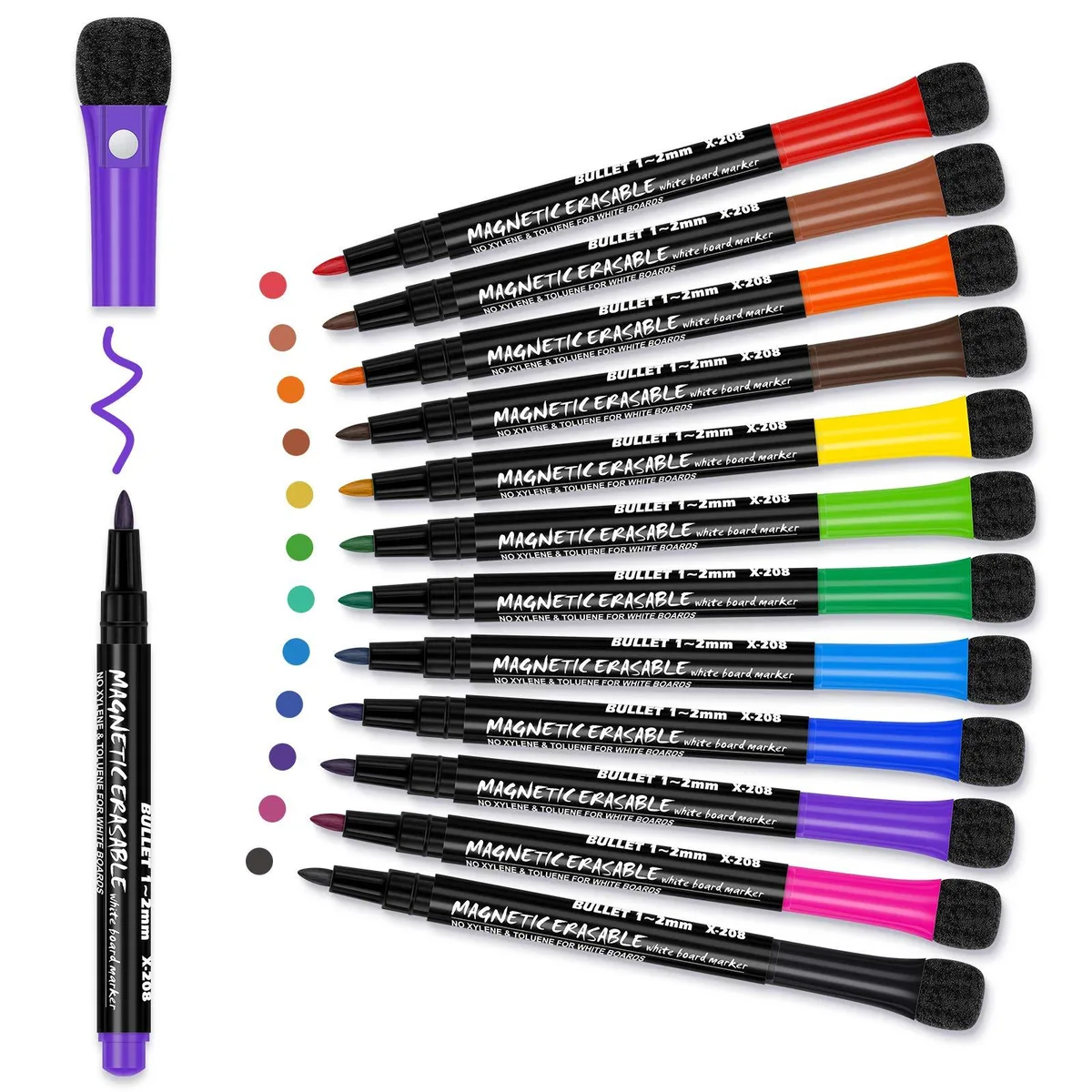 A set of twelve fine-tip whiteboard markers with magnetic caps and built-in erasers