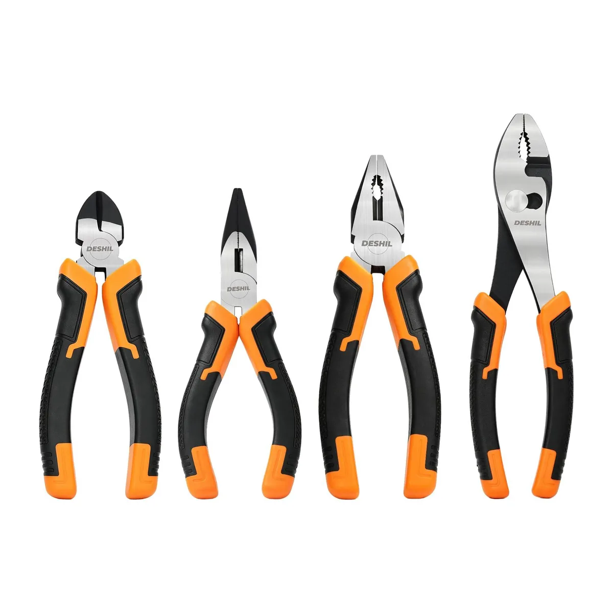 Four black steel pliers with fiberglass handles on a dark background