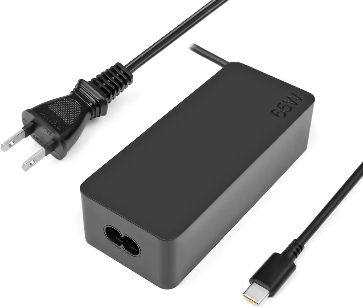Compact 65W USB-C power adapter with two-prong plug